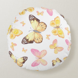 Watercolor Yellow & Pink Butterflies Pattern Round Cushion