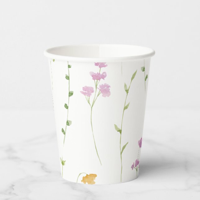 Watercolor Yellow Pink Wildflower Baby Shower Paper Cups (Left)