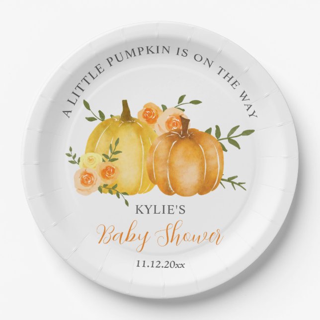 Watercolor Yellow Pumpkin Roses Baby Shower    Paper Plate (Front)