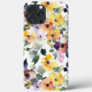 Watercolor Yellow Purple Flowers Seamless Pattern iPhone 13 Pro Max Case