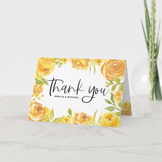 Watercolor Yellow Roses and Peonies Wedding Thank You Card (Front)