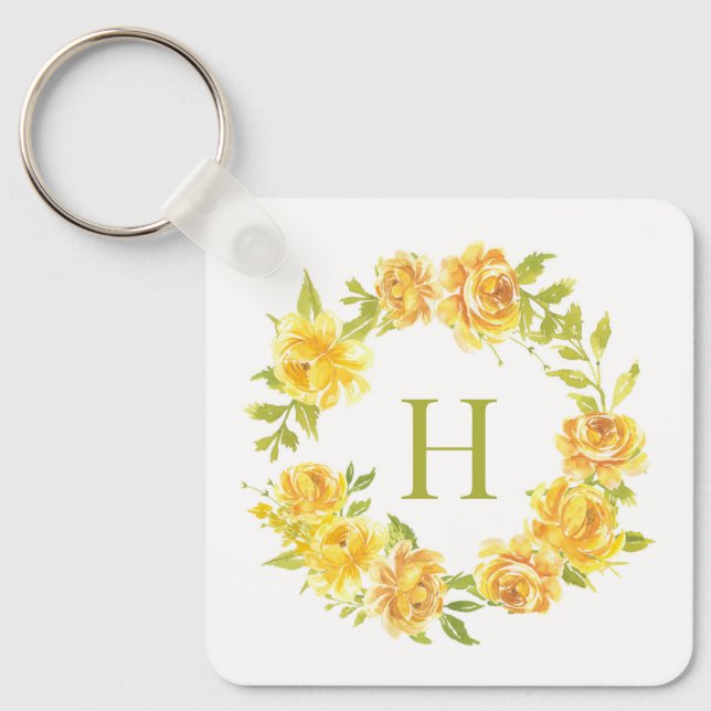 Watercolor yellow Roses Floral Wreath Monogram Key Ring (Front)