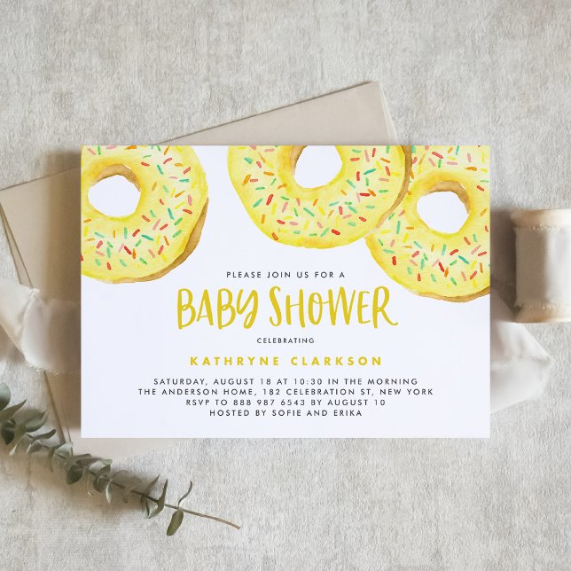 Watercolor Yellow Sprinkle Doughnuts Baby Shower Invitation (Watercolor Yellow Sprinkle Donuts Baby Shower Invitation)