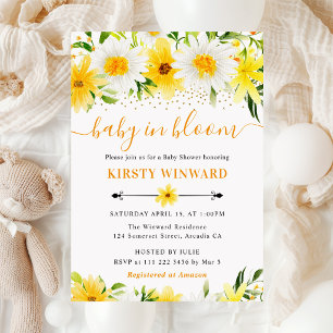 Watercolor Yellow Summer Flowers Baby Shower Invitation
