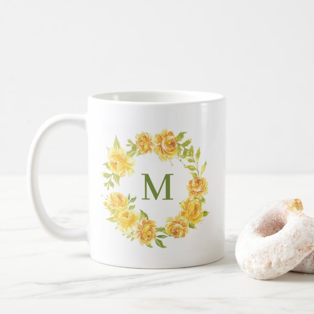Watercolor Yellow Summer Flowers Wreath Monogram Coffee Mug (With Donut)