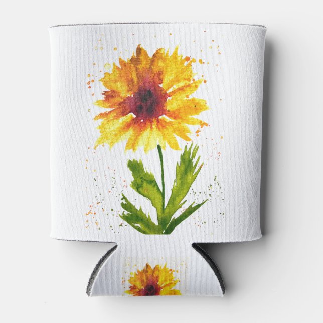 Watercolor yellow sunflower floral nature pretty can cooler (Front)