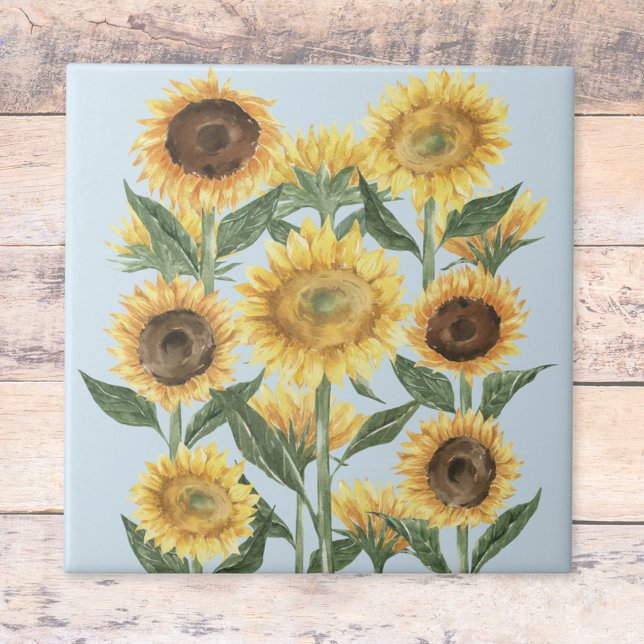 Watercolor Yellow Sunflower Floral Tile (Close up)