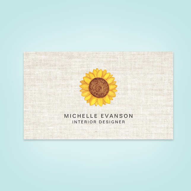 Watercolor Yellow Sunflower Logo on Rustic Linen Business Card (Creator Uploaded)