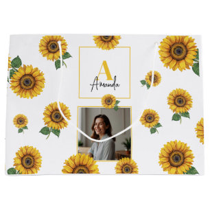 Watercolor Yellow Sunflower Monogram Mum Large Gift Bag