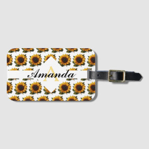 Watercolor Yellow Sunflower Pattern Monogramed Luggage Tag