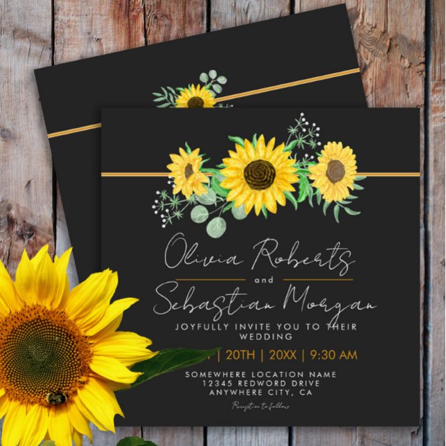 Watercolor Yellow Sunflowers Black Square Wedding Invitation (Creator Uploaded)