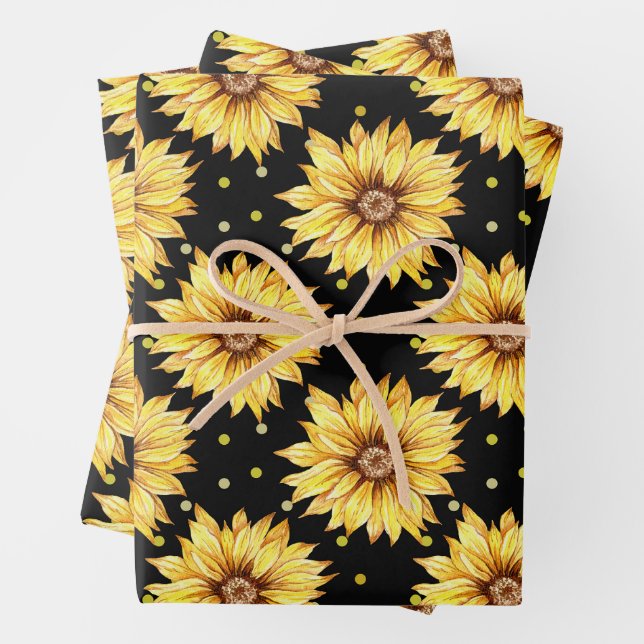 Watercolor Yellow Sunflowers Floral Black Wrapping Paper Sheet (In situ)
