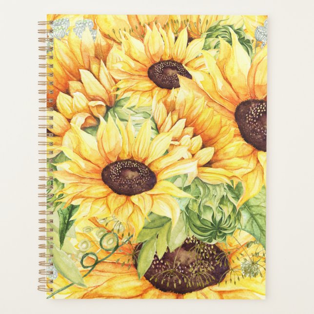 Watercolor Yellow Sunflowers Greenery Planner (Front)