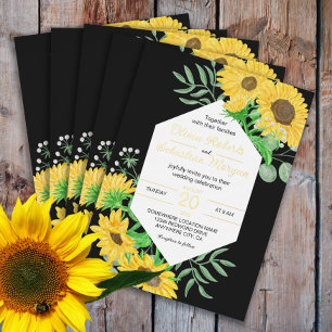 Watercolor yellow sunflowers on black wedding gold