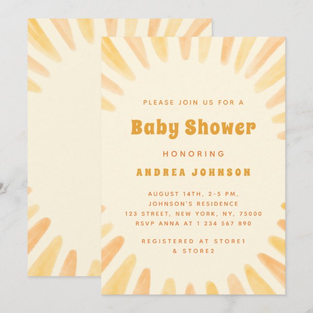 Watercolor Yellow Sunshine Neutral Sun Baby Shower Invitation (Front/Back)