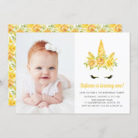 Watercolor Yellow Unicorn Floral First Birthday