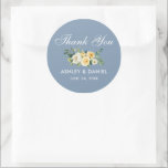 Watercolor Yellow White Floral Dusty Blue Wedding  Classic Round Sticker<br><div class="desc">Elegant Watercolor Yellow  White Floral Dusty Blue Wedding Thank You Stickers</div>