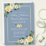 Watercolor Yellow White Floral Dusty Blue Wedding Invitation<br><div class="desc">Watercolor Yellow White Floral Dusty Blue Wedding Invitation Card includes yellow roses,  white flowers and botanical greenery on a gold frame.</div>