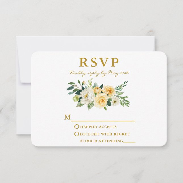 Watercolor Yellow White Floral Elegant Gold RSVP Card (Front)