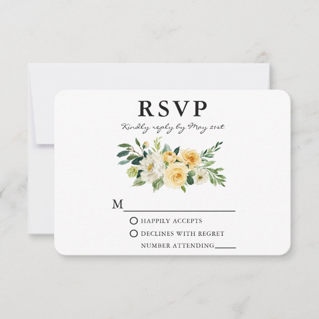 Watercolor Yellow White Floral Elegant RSVP Card (Front)