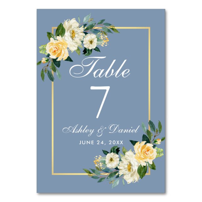 Watercolor Yellow White Floral Gold Wedding Table Number (Front)