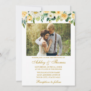 Watercolor Yellow White Floral Photo Wedding Gold Invitation