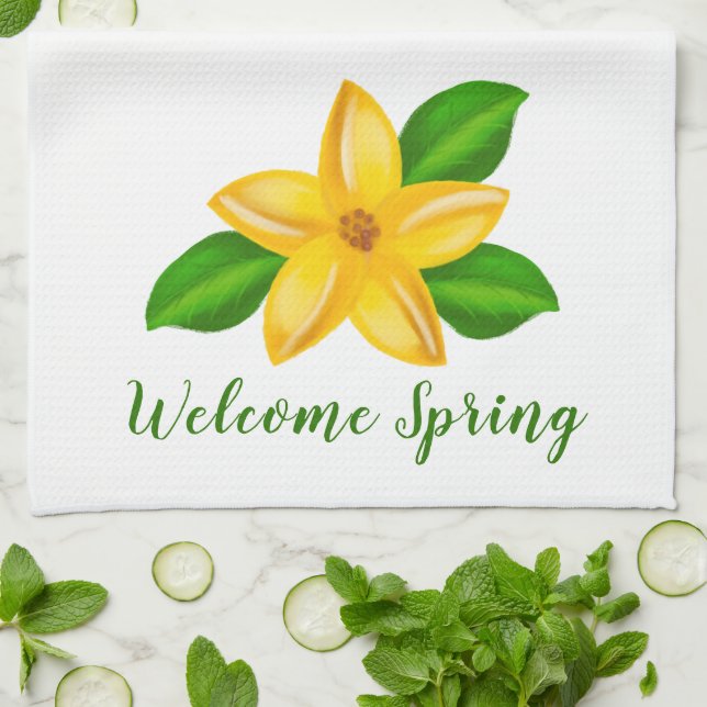Watercolor Yellow Wildflower Welcome Spring Tea Towel (Folded)