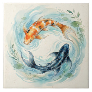 Watercolor Yin Yang Koi Fish Tile