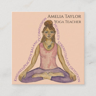 Watercolor Yoga Girl Teacher in Lotus Pose Square Business Card