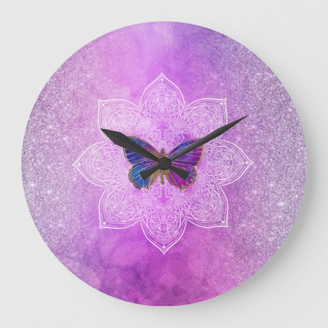 *~* Watercolor Yoga Glitter Butterfly Mandala Large Clock (Front)