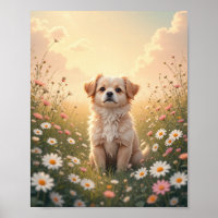 Watercolor Yorkshire Terrier in Flower Field Wall