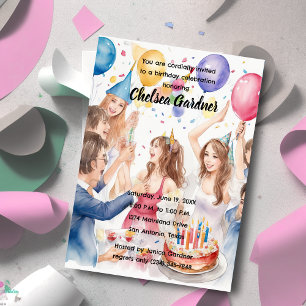 Watercolor Young People Celebrating Birthday Invitation