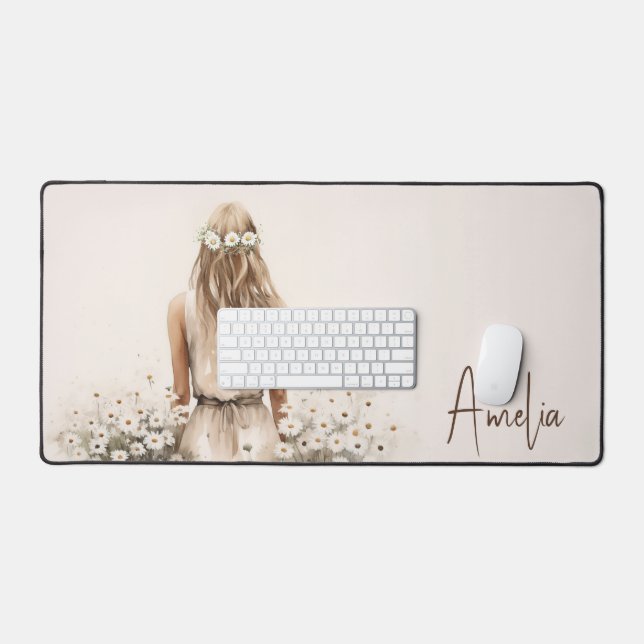 Watercolor Young Woman In Daisy Meadow Desk Mat (Keyboard & Mouse)