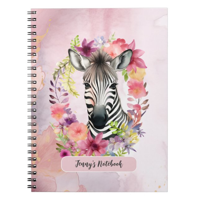 Watercolor Zebra and Floral Wreath  Notebook (Front)