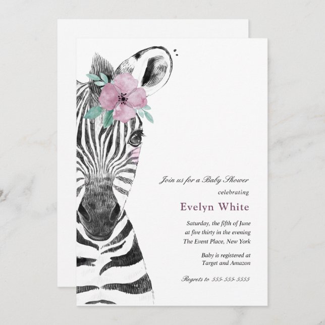 Watercolor Zebra | Baby Shower invitation (Front/Back)