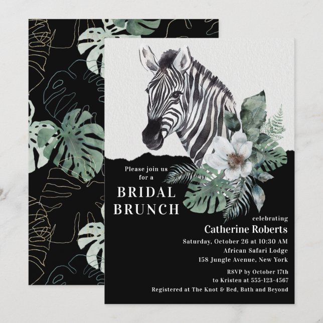Watercolor Zebra Tropical Bridal Brunch Invitation (Front/Back)