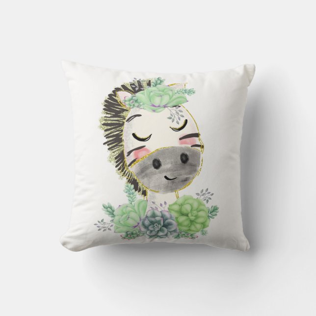 Watercolor Zebra with Succulents Throw Pillow (Front)