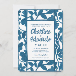 WatercolorBlue Floral Handwritting Modern Wedding  Invitation