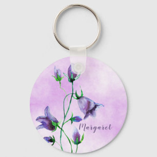 Watercolored bluebells on ultra violet add a name key ring