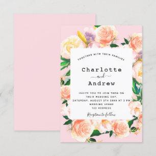 Watercolored florals blush pink rose gold wedding invitation