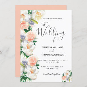 Watercolored florals white coral script wedding invitation