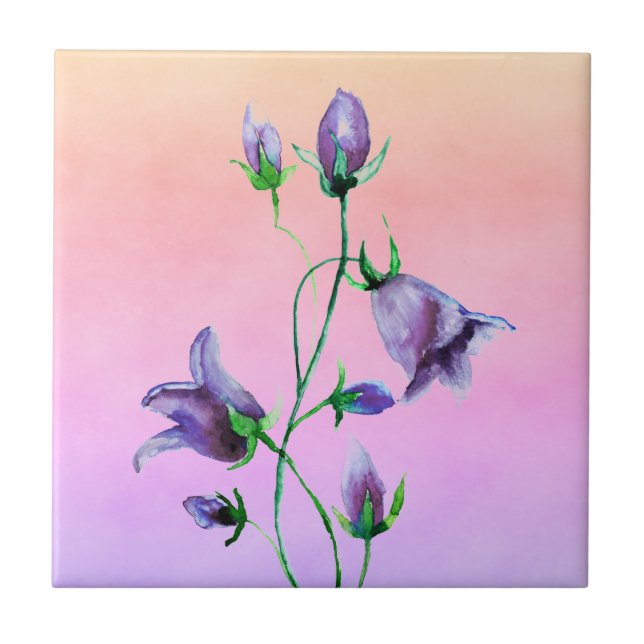 Watercolored violet bluebells on violet and peach tile (Front)