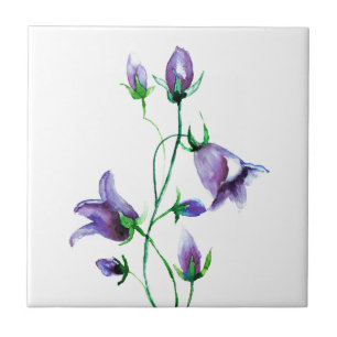 Watercolored violet bluebells on white tile