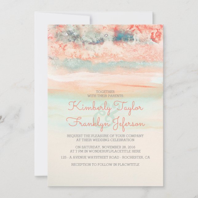Watercolors Beach Wedding Pink Blue Invitation (Front)