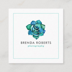 Watercolors Blue-green Cactus Crown Square Business Card