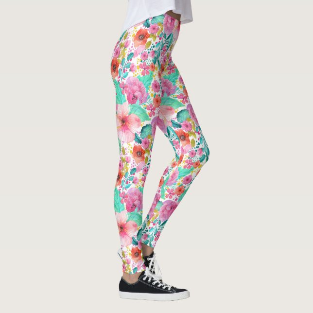 Watercolors Colourful Flowers Collage Pattern Leggings (Right)