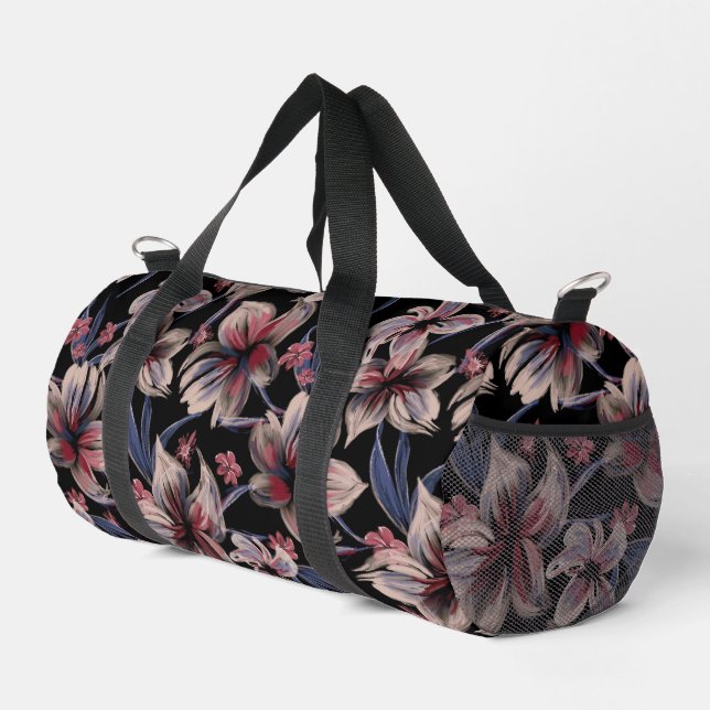 Watercolors Crimson Floral on Black  Duffle Bag (Right Corner)