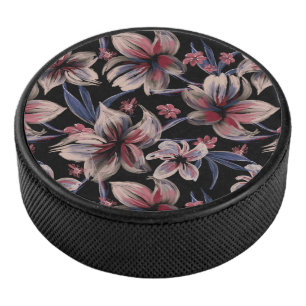 Watercolors Crimson Floral on Black Hockey Puck