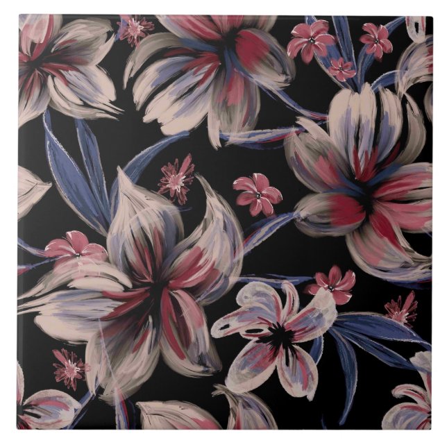 Watercolors Crimson Floral on Black  Tile (Front)
