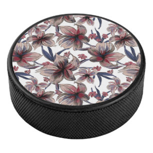 Watercolors Crimson Floral on White Hockey Puck